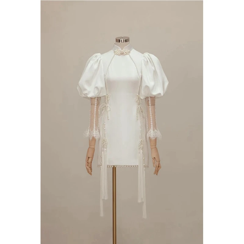 

Ретро Court Sle Bubble Sve Китайская роскошная белая вышивка Qipao Dr ort Length Повседневная одежда