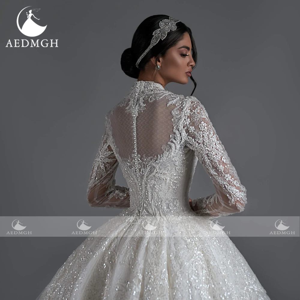 Aedmgh-Robe de Mariée Royale à Manches sulfet Col Haut, Tenue de Bal Exquise, Broderie à Paillettes, 2023