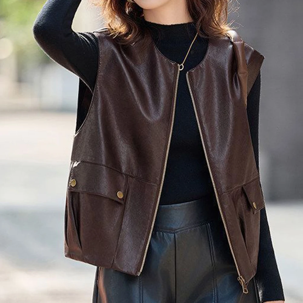 

Premium sense loose PU leather vest women's 2026 spring and autumn new waistcoat silhouette thin sleeveless vest vest jacket