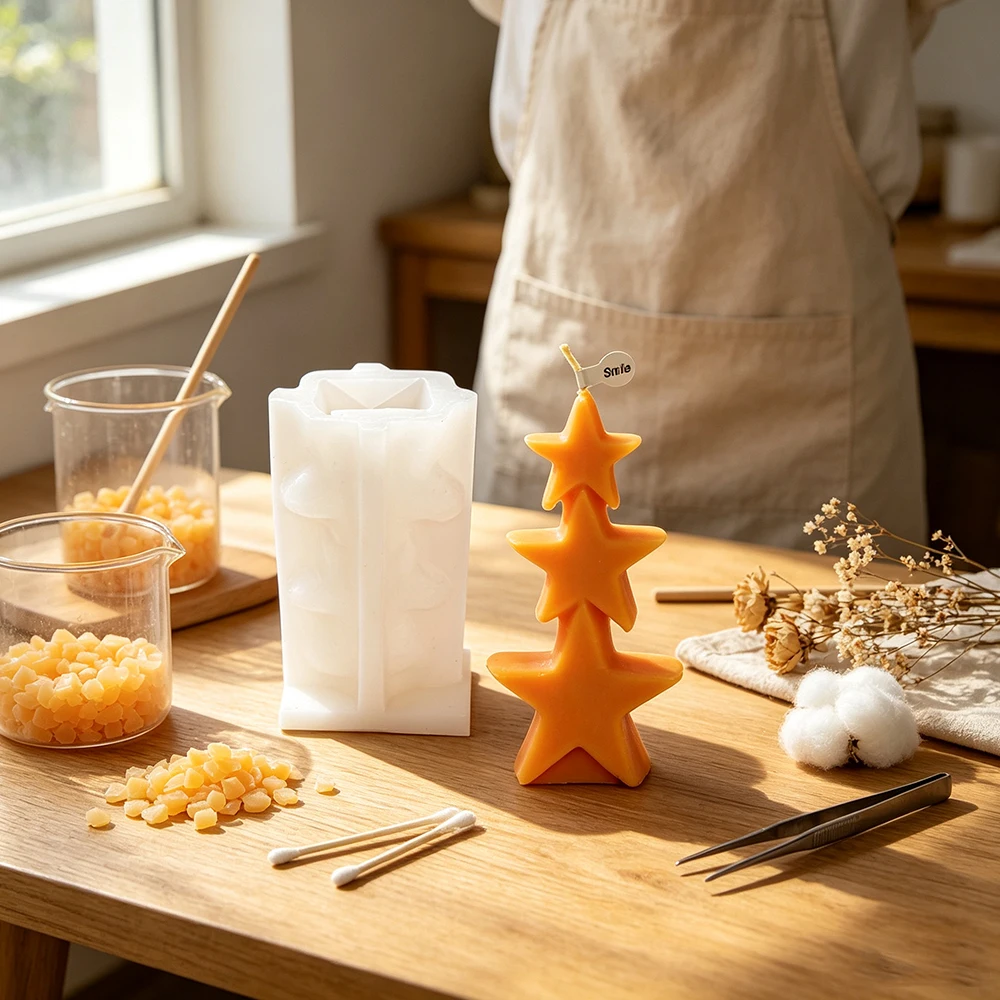 Stacked Triple Star Candle Mold 3D Star Silicone Mold for DIY Aromatherapy Candle Plaster Soap, Xmas Holiday Decor Handmade Gift