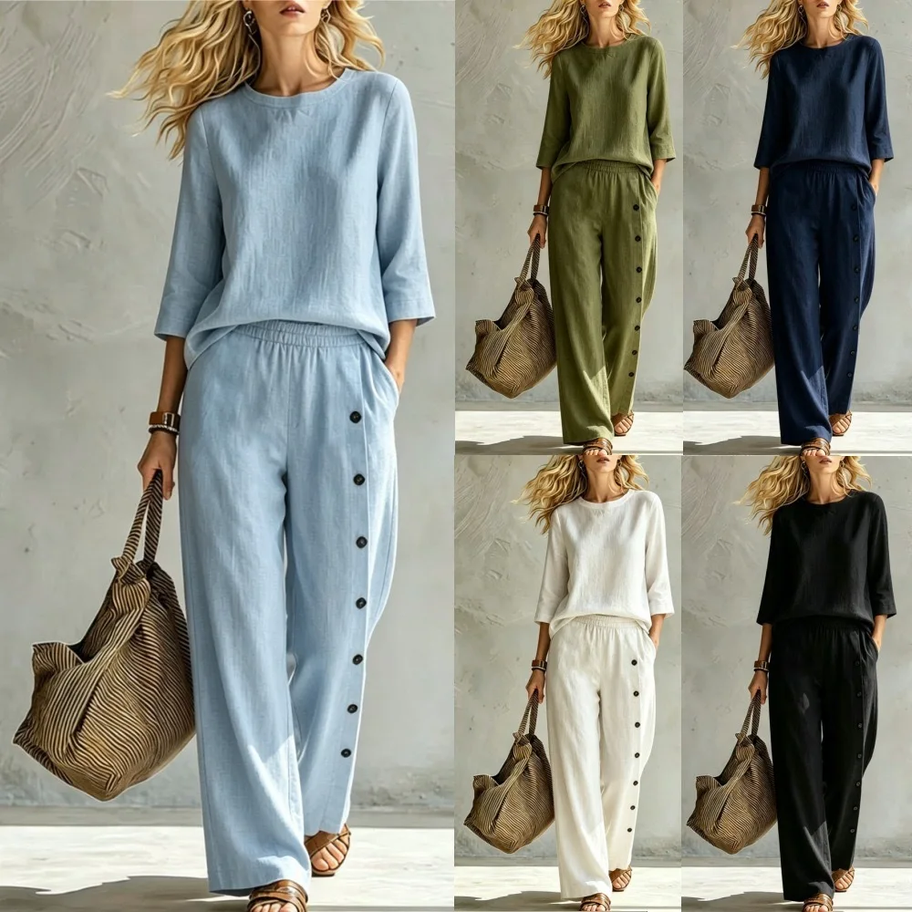 Women's Loose Casual Two-Piece Set Round Neck Top with Elastic Waist Wide-Leg Pants with Side Buttons Summer Solid Color Set
