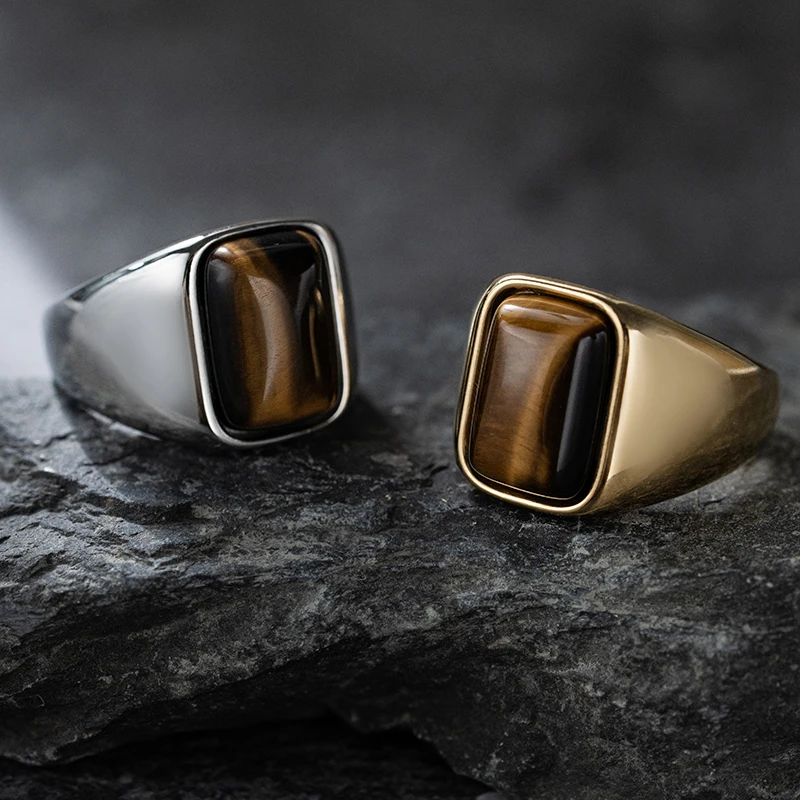 Retro Mode Persönlichkeit Luxuriöser natürlicher Tigerauge Steinring. Lässiger Business-Stil Unisex-Ring. 316L Edelstahl – Detail 5