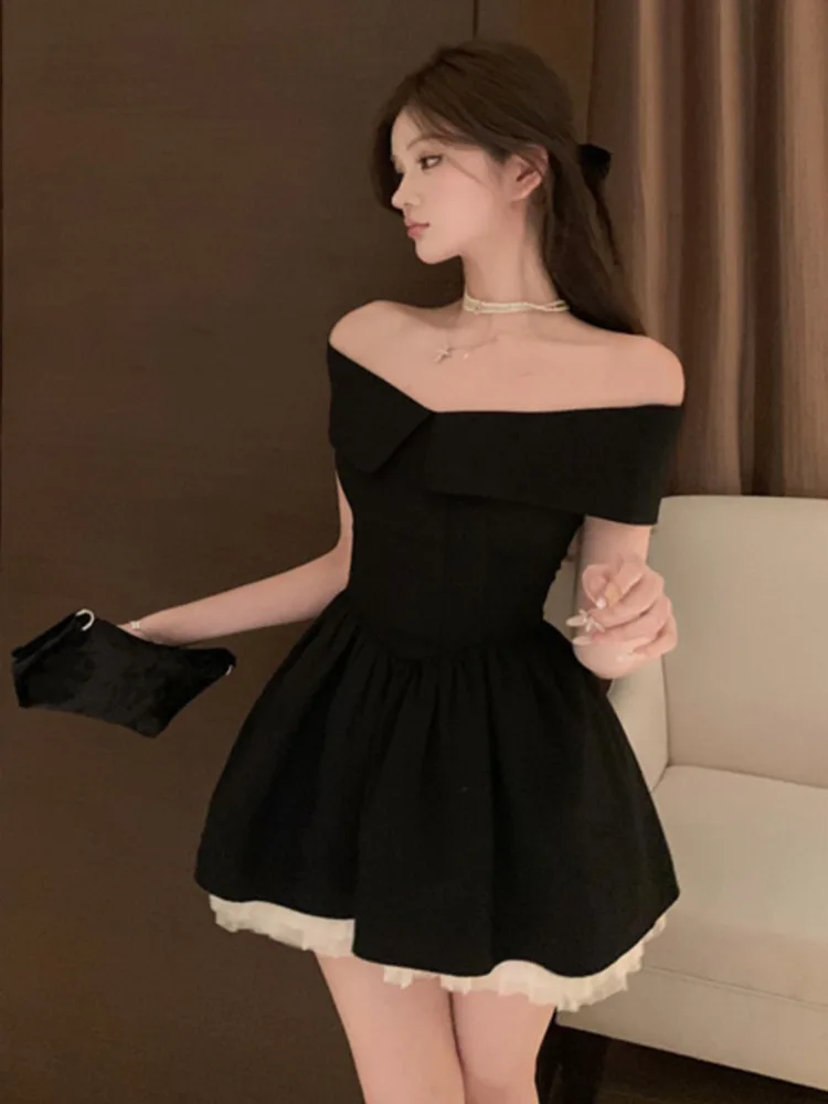 French Hepburn Elegant Lady Mini Evening Party Dress Mesh Stitching A Line Summer Dresses For Women Off Shoulder Slim Sexy Dress