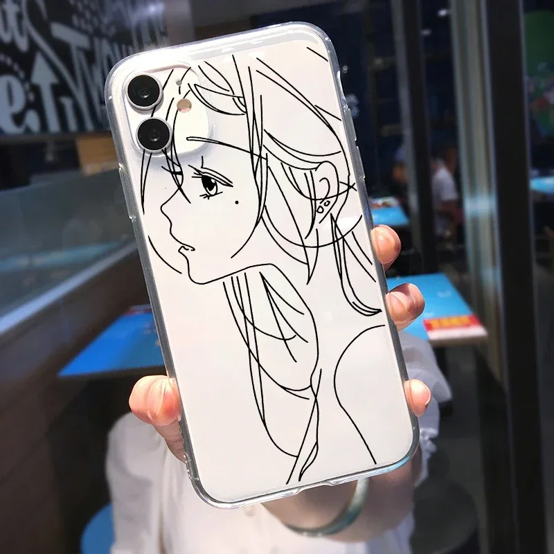 Cute Anime Girl Face Phone Case For iPhone XR 15 12 11 14Pro X MAX 13 7 16 Plus Abstract Art Line Clear Soft TPU Cover Coque Bag