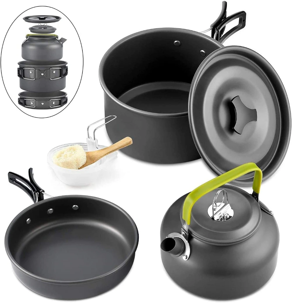 Outdoor camping cookware set aluminum non stick pot portable outdoor tableware cookware cooking pot bowl hiking BBQ picnic