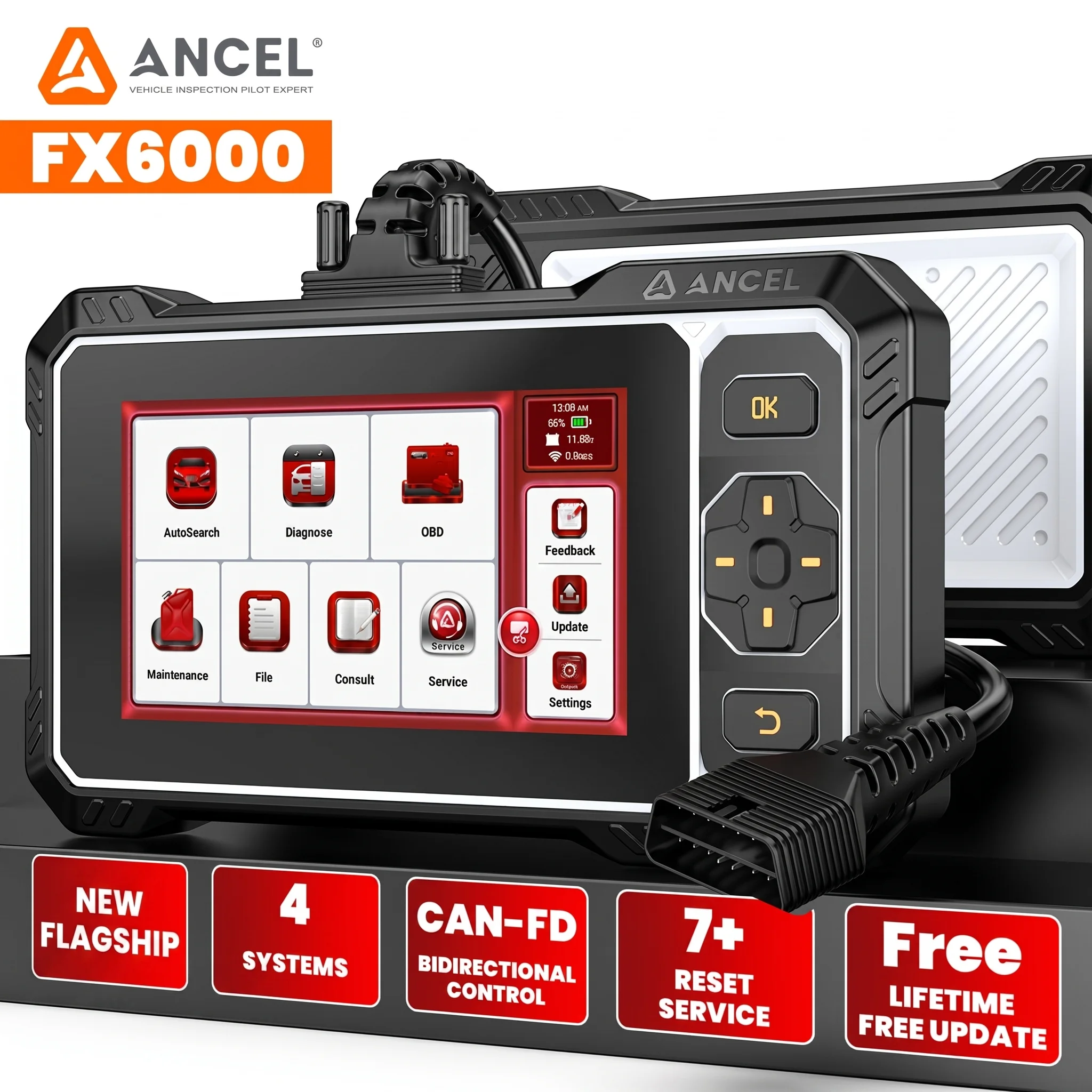 Escáner OBD2 ANCEL FX6000, Herramienta de Diagnóstico de 4 Sistemas, Prueba Bidireccional, 7 Reinicios, ABS, EPB, Aceite, SAS, Actualización por WiFi