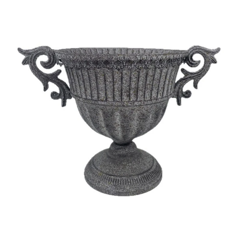 Metal Urn Flower Pot Planter with Raised Base, Side Handles, Ribbed Body and Aged Gray Finish for Balcony, Entryway, Garden 87HA