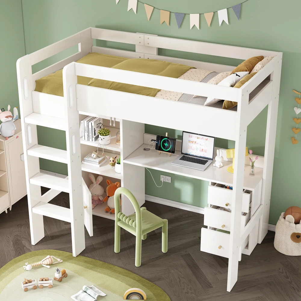 Kinderbett, Hochbett mit USB-C-Schreibtisch, Kleiderschrank, Aktenschrank, Jugend-Einzelbett mit Treppe und Gitter, ohne Matratzenraum – Detail 10