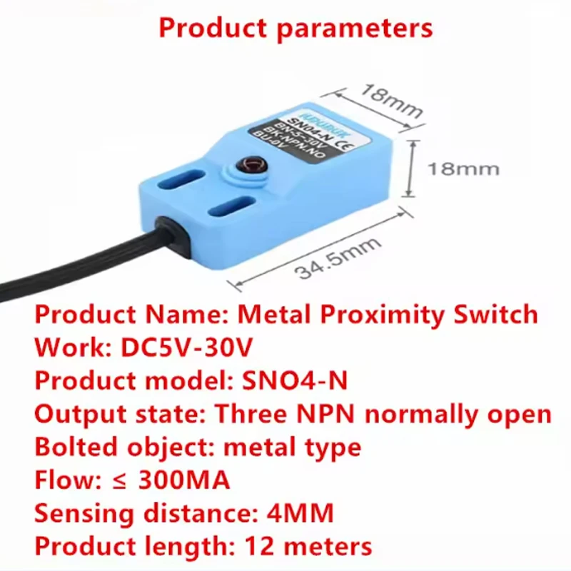 Square metal sensor SN04-N proximity switch three-wire NPN normally open DC 5V-30V limit sensor 24V 4mm
