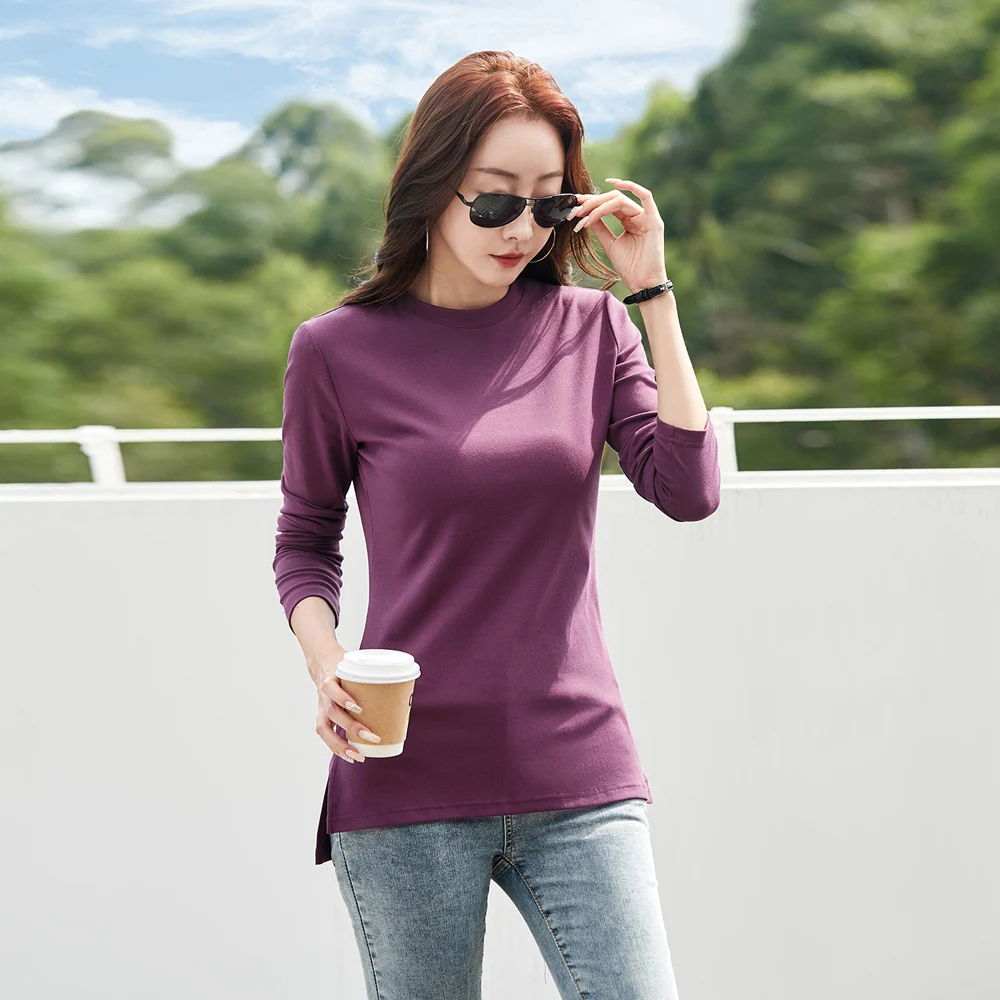 

Korean style long sleeved T-shirt for women's autumn new high-end cotton fashion plus size mid to long round neck casual top