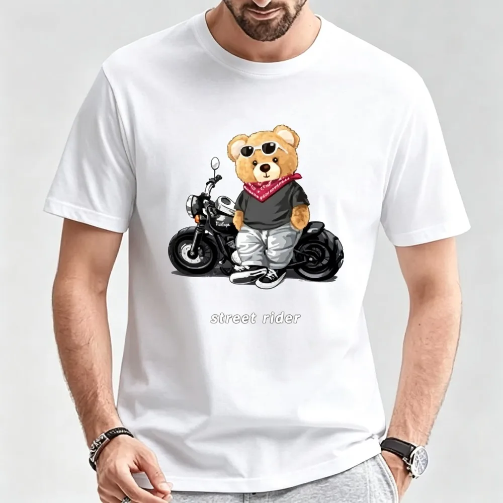2026 New  Men Street Rider Teddy Bear Motorcycle Graphic T-shirt Cute Biker Bear Print Short Sleeve Streetwear Tops