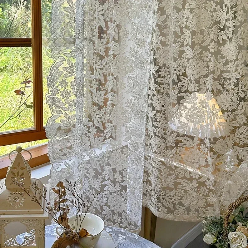 French Curtains Lace Gauze for Living Room Cream Retro Wavy Edge Bedroom Bay Windows Girl Embroidery Curtain Door White Tulle