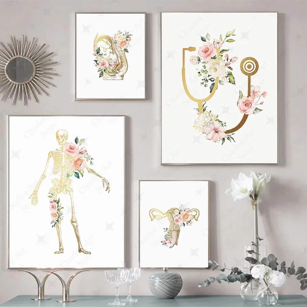 Golden Pink Floral Organs Heart Lung Poster Print Anatomy Medical Education Art Canvas Painting Wall Picture Doctor Room Decor
