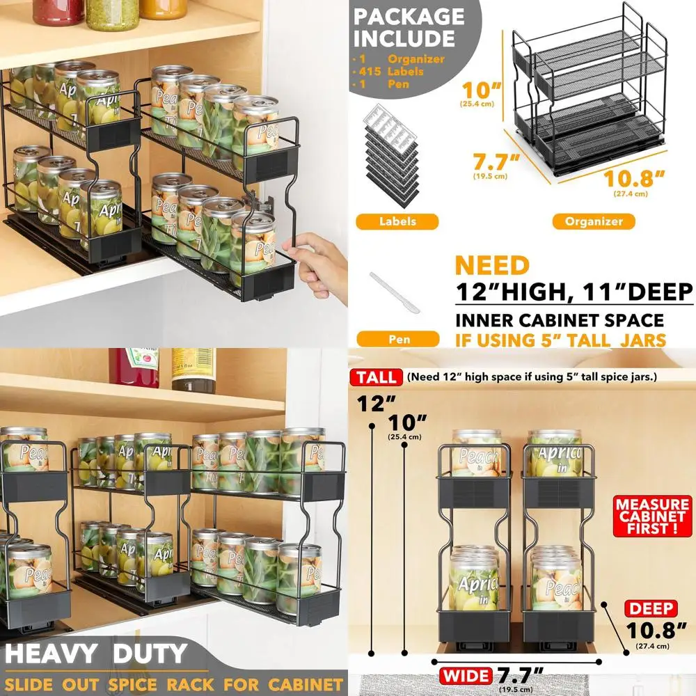 

Dual-Tier Slide-Out Spice Rack Organizer, Heavy Duty Kitchen Cabinet Storage with Labels, 7.7W x 10.75D x 10H