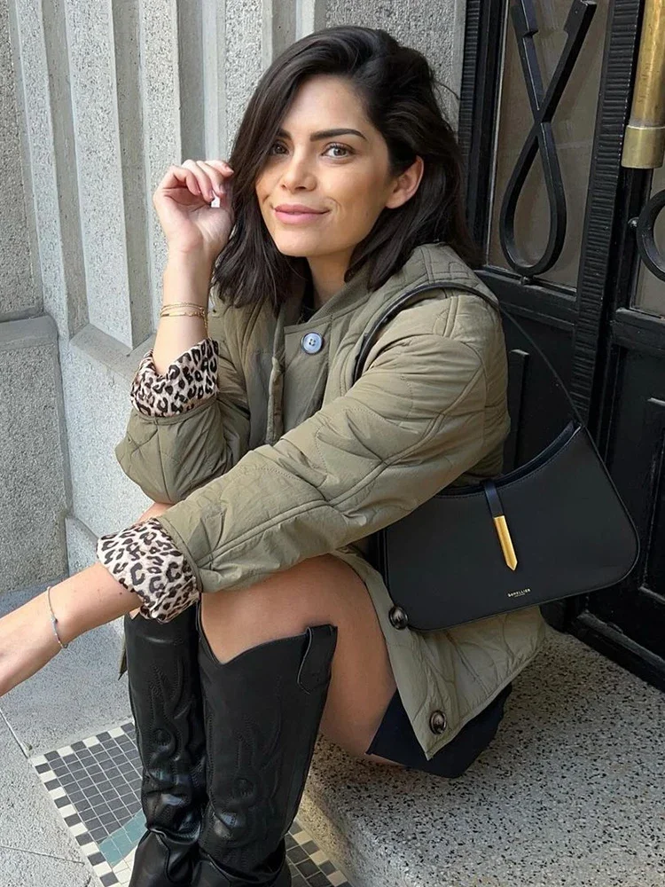 Solid Thin Padded Jacket Women Chic O-neck Single Breasted Long Sleeve Pocket Overcoat Autumn Lady Chic Street Outerwear