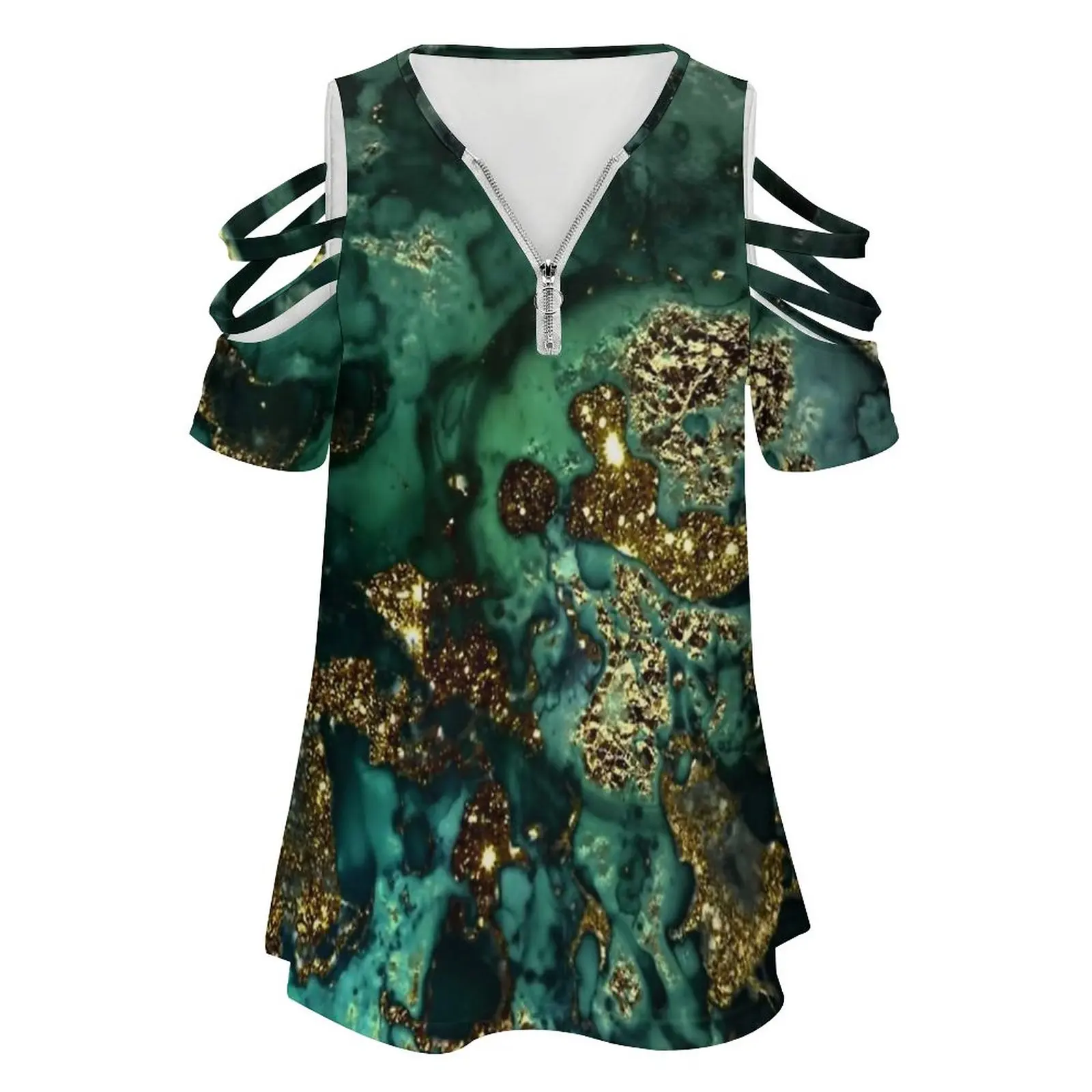 Gold Indigo Faux Malachite Marble New Fashion Zip Off Shoulder Top Short-Sleeve Women Shirt Marble Texture Geode Terrazzo