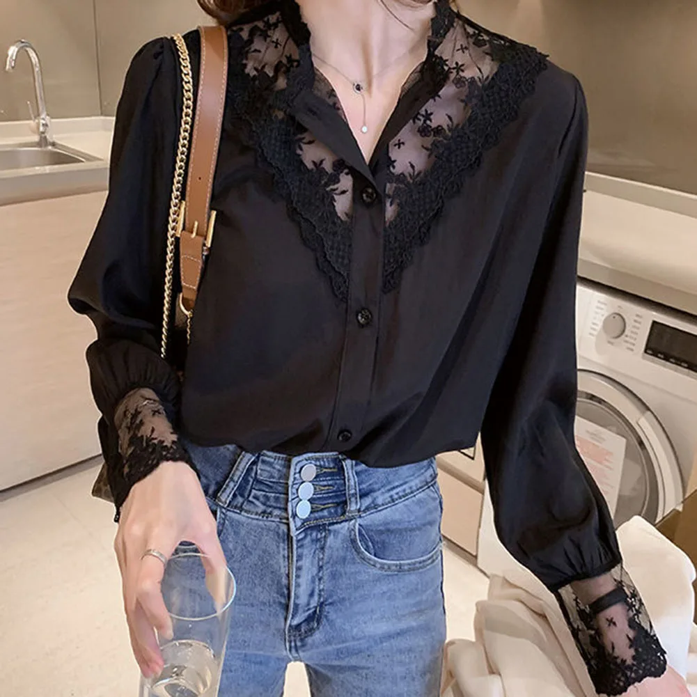 Solid Loose Fit Long Sleeve Lace Chiffon Patchwork Shirt Tops for Women Suitable for Transitional Weather Dressing