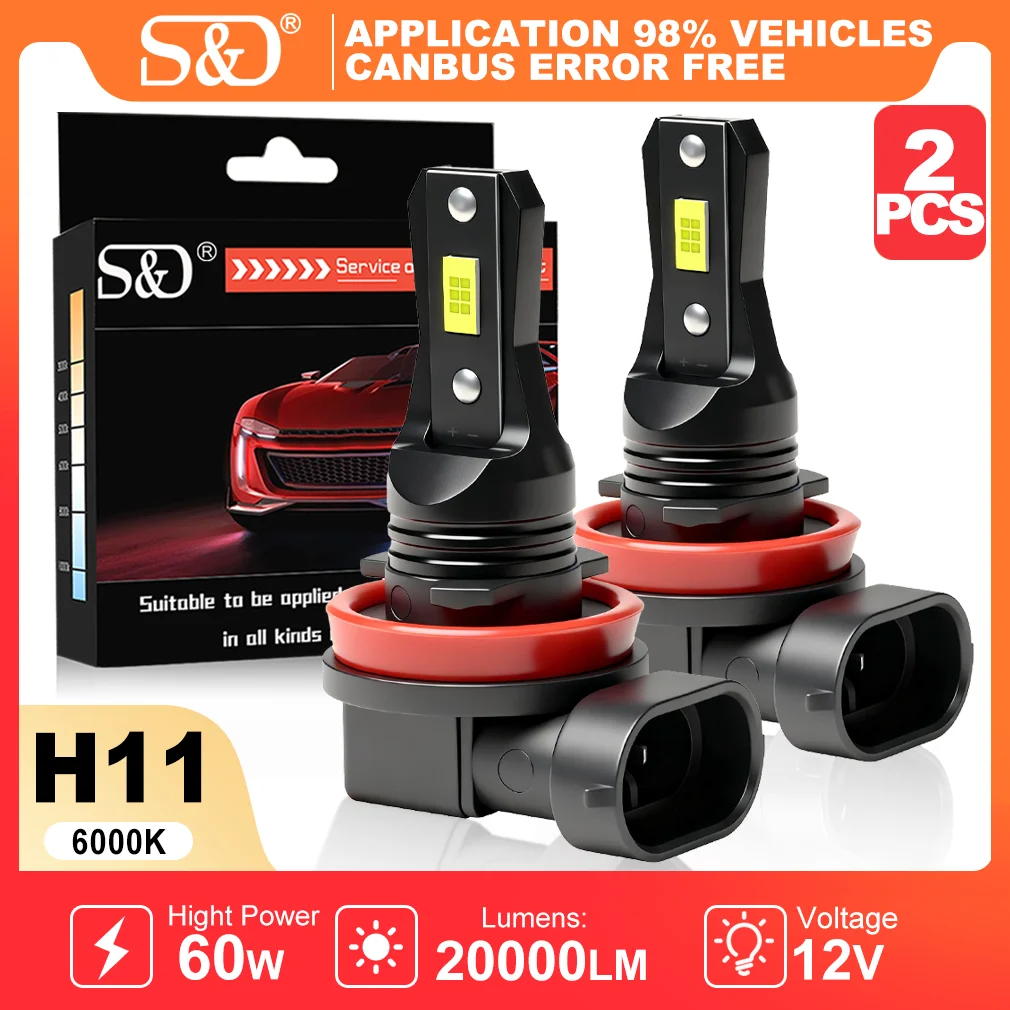 Bombillas LED Canbus S&D H8 H11 9005 9006 para Faros Antiniebla, 60W 20000LM, Lámpara LED CSP Inalámbrica para Automóvil, Luz Blanca de 6000K para Conducción
