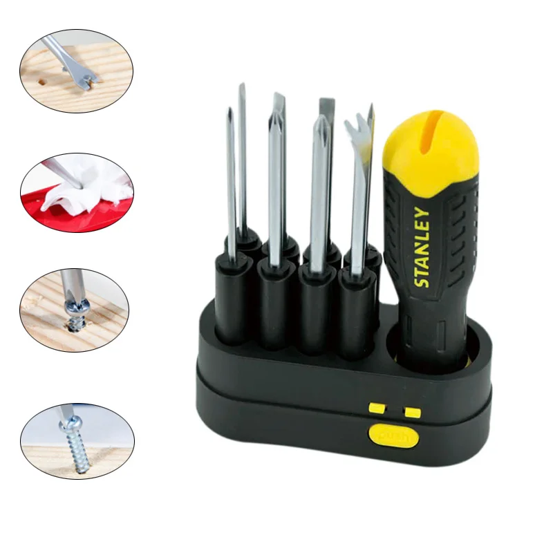 Stanley 9 way screwdriver slotted phillips awl tack puller lifter remover combination driver set handle with groove for hooks