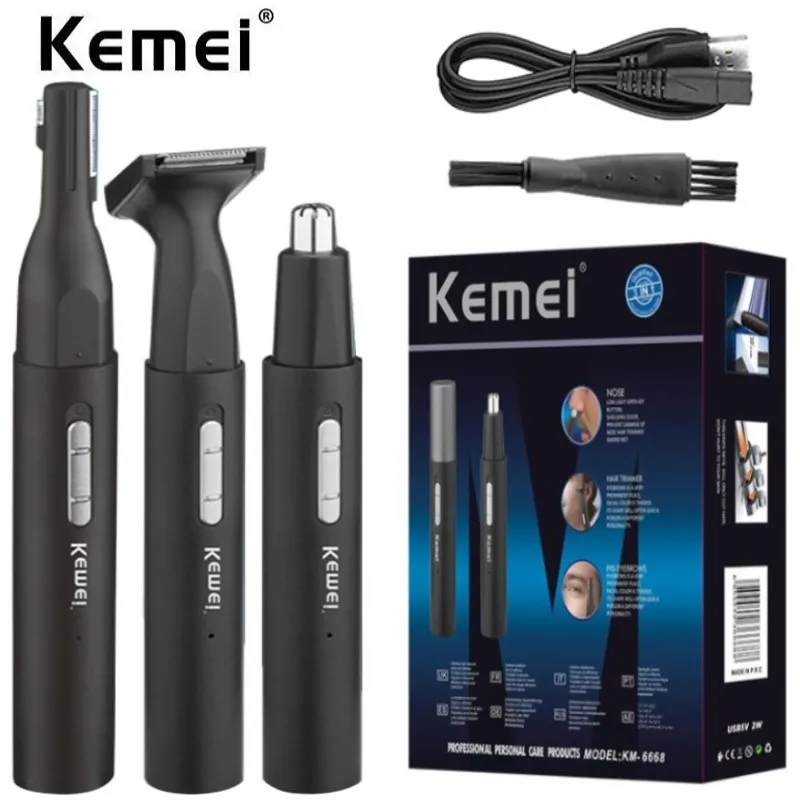 Kemei Portable Nose Ear Hair Trimmer Micro USB Charging 3-in-1 Eyebrow Beard Trimmer for Men and Women Pain-Free Lightweight