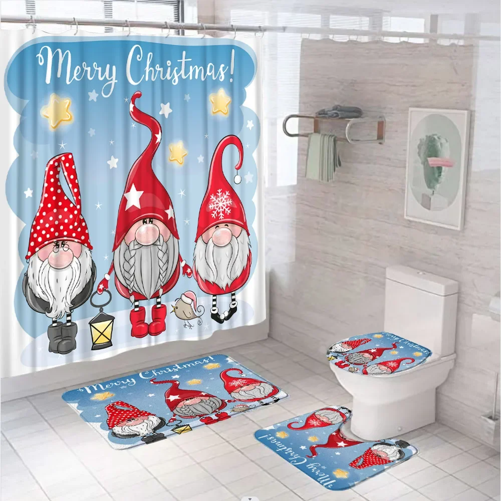 4Pcs Funny Santa Claus Christmas Shower Curtain Sets Xmas Winter Snowflake Bathroom Curtains Non-Slip Bath Mat Rug Toilet Cover