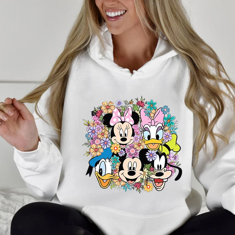 Disney Vintage Floral Mickey and Friends Print Women's Hoodie Casual Sports Sweatshirt Loose Top