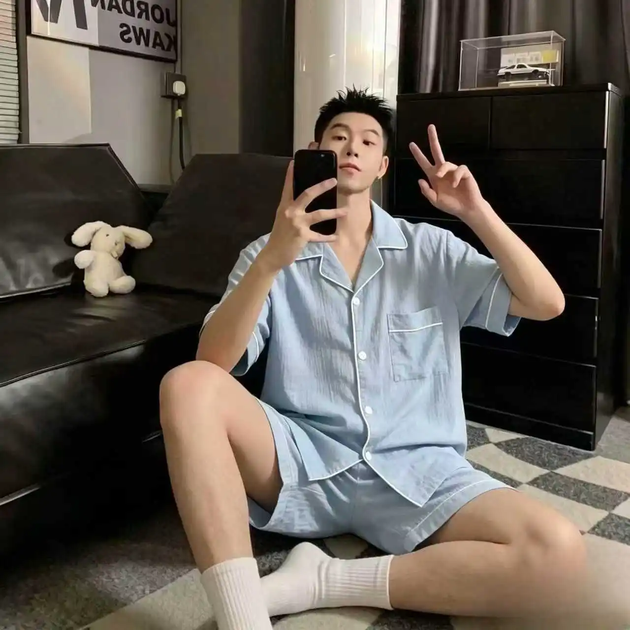 Youth Men's Slim Fit New Pajama Set Solid Color Short Sleeve Lapel Top and Elastic Shorts Pajamas Summer Loungewear Sleepwear