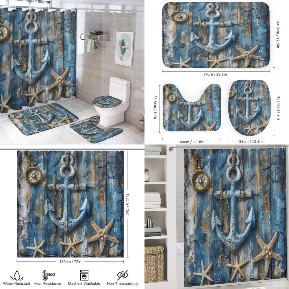 

nautical-themed shower curtain with anchor, compass, and starfish, includes toilet seat cover and u-shaped mat