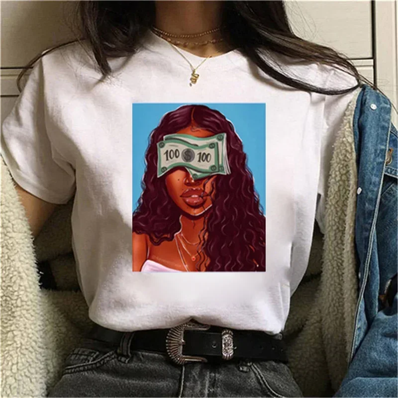 Loose Oversized T Shirt Fashion Cute Cartoon Curly Black Girl Cartoon Print Short Sleeve Top Ladies Dollar T-shirt Aesthetic Tee