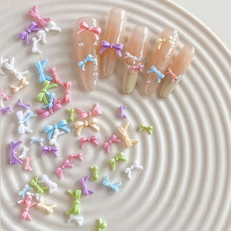 50개 컬러풀 리본 네일 아트 파츠 참 장식품 벌크 반짝이는 미니 레진 리본 네일 라인스톤 DIY 여름 네일 아트 데코 액세서리