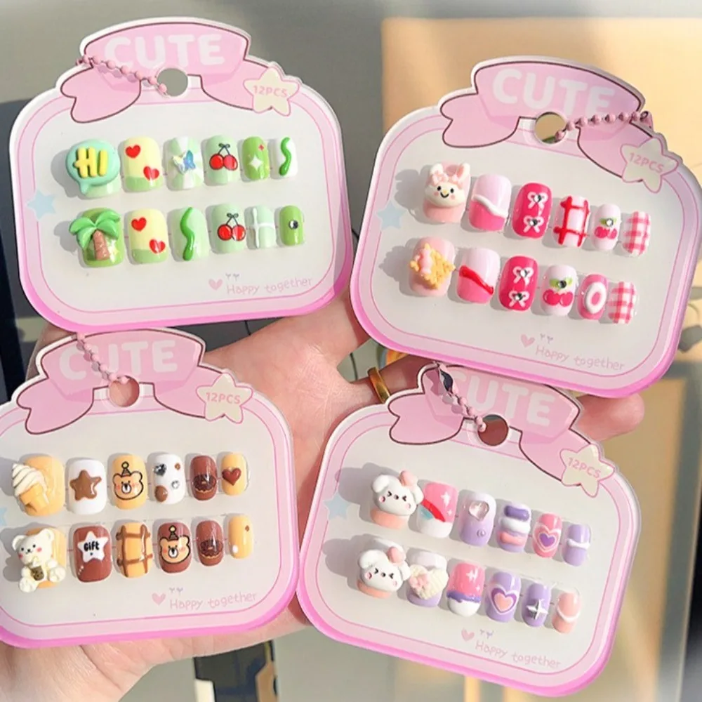 

3D Animal Kids Cartoon Fake Nails Short Square Shaped Flower Bowknot Children False Nails Press on Nails