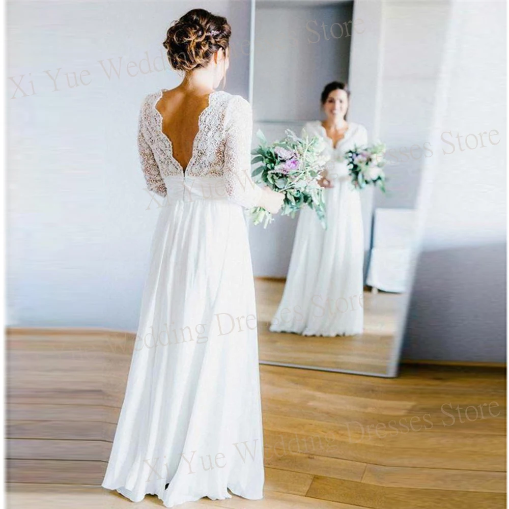 Boho Fashionable Pretty A Line Women's Wedding Dresses Charming Backless Bride Gowns Lace Princess Chiffon فساتين طويلة بأكمام