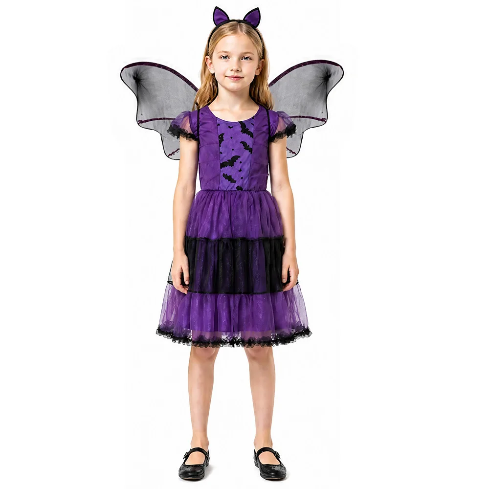Girls Bat Witch Cosplay Costume Set Purple Tulle Dress With Wings Headband Socks Gloves For Halloween Party