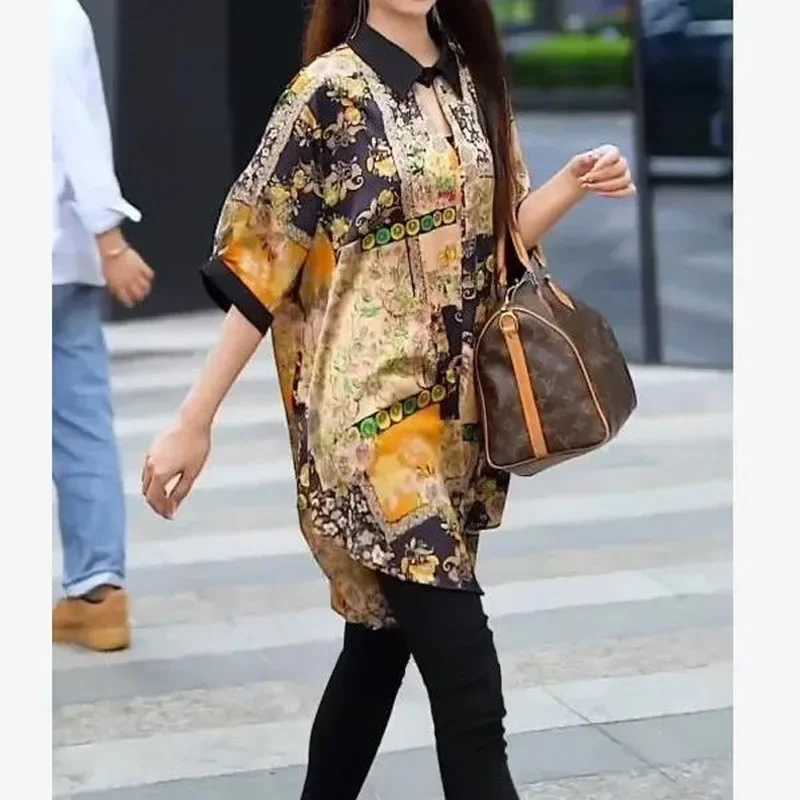 

Korean Polo-Neck Loose Casual Midi Blouse Female Clothing Fashion Women's Printed Vintage Pullovers Shirt Summer New Streetwear