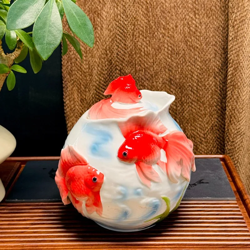 Enamel Color Goldfish Ceramic Tea Jar with Lid Creative Living Room Decoration Household Porcelain Goldfish Jar Candy Jar Decor