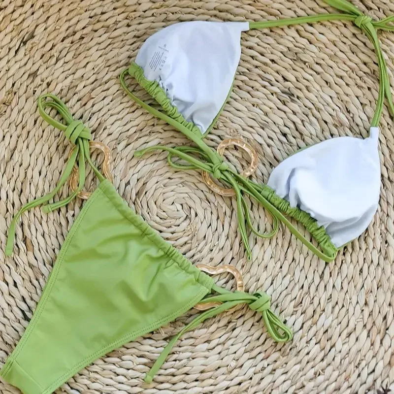 Новая модель 2025 года, однотонный сексуальный европейский и американский бикини с разрезом, женский бикини с вырезом на шее