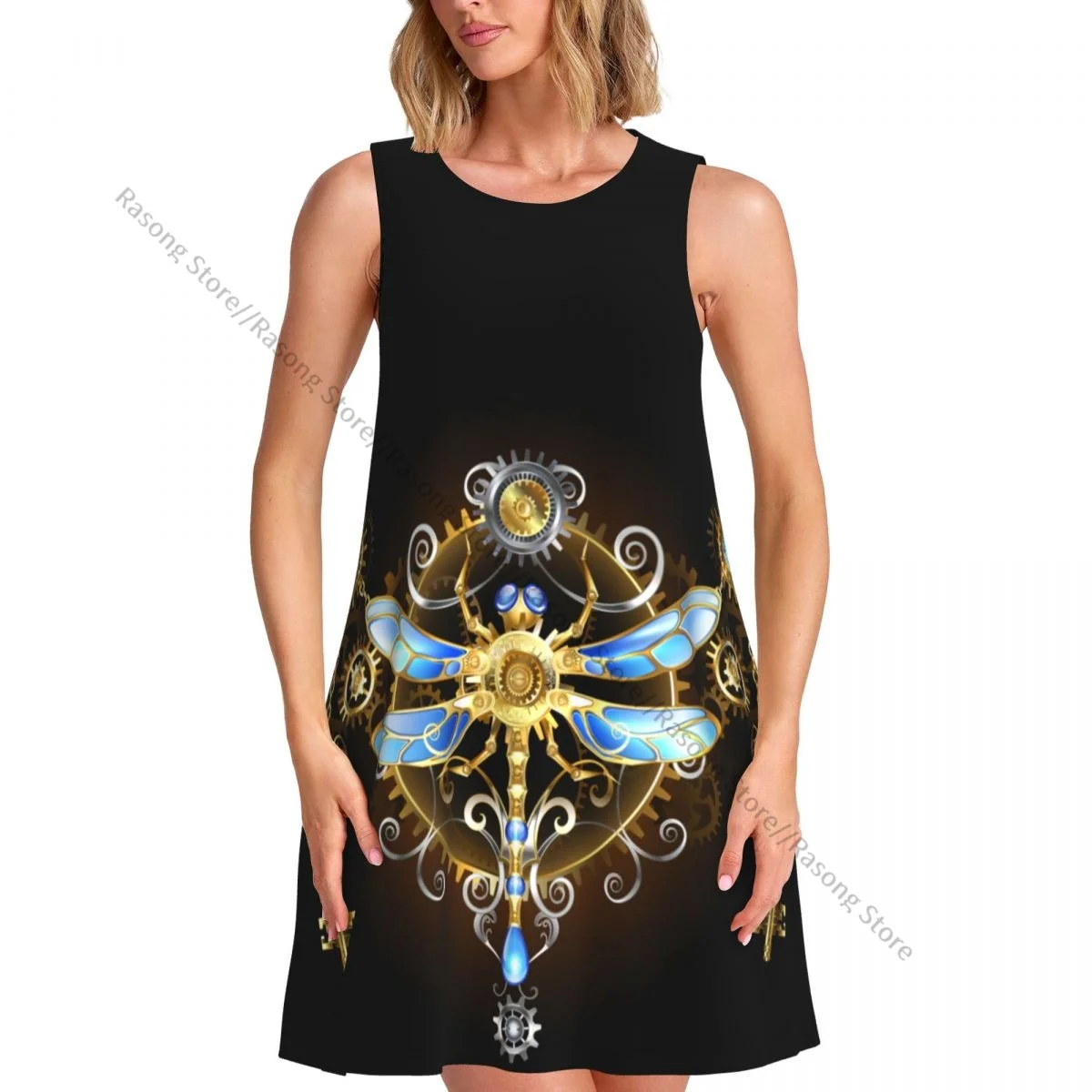 Vestido de mujer con llaves de engranajes dorados y vestido largo sin mangas con cuello redondo y libélula mecánica