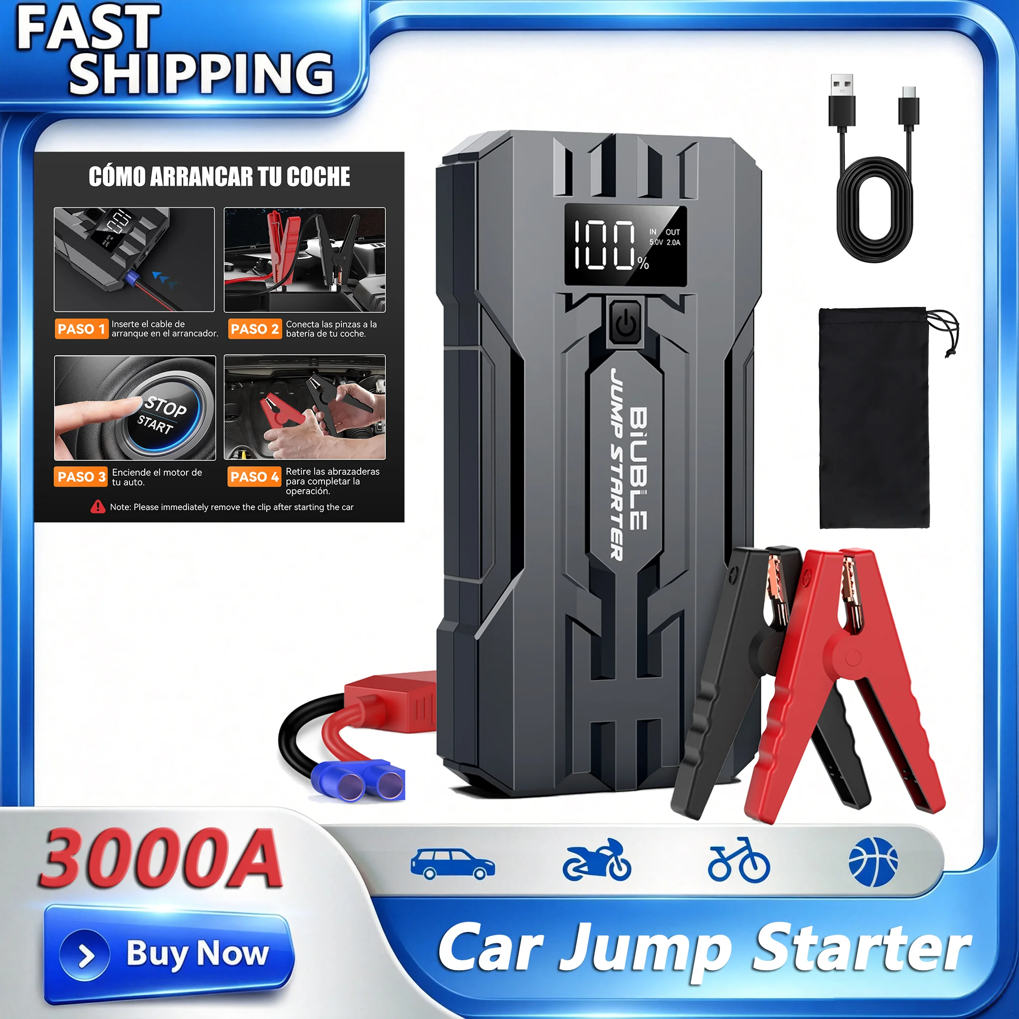 3000A Peak Car Jump Starter, 20000mAh Portable Power Supply, Car Battery Jump Starter, Portable Car Battery Jump Starter, Equipped with Smart Safety Jumper Cable