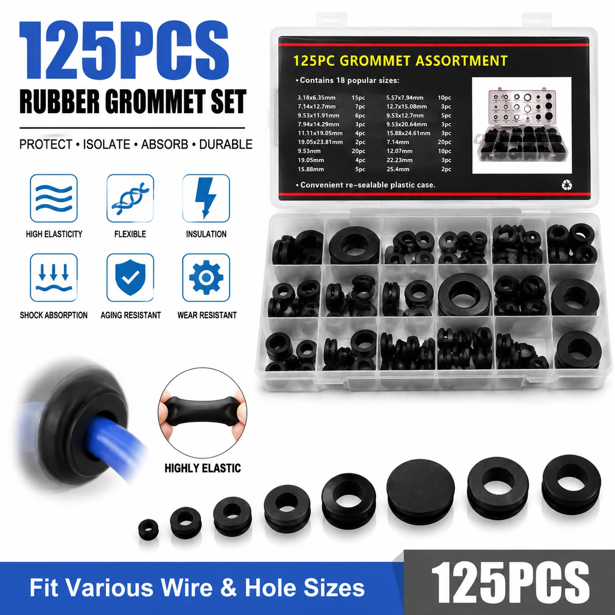 125 Pieces of Black Rubber Sealed Coil O-ring Multi Size Wire Harness Insulation Protection Sealing Ring Repair Kit