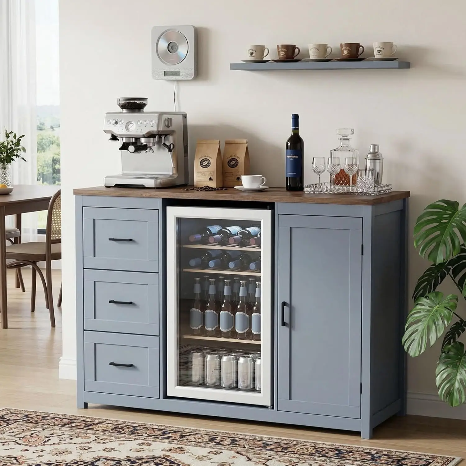 

Барный шкаф 52 дюйма с местом для холодильника, буфет в стиле фермерского дома с 3 ящиками, регулируемыми полками и розеткой, на заказ