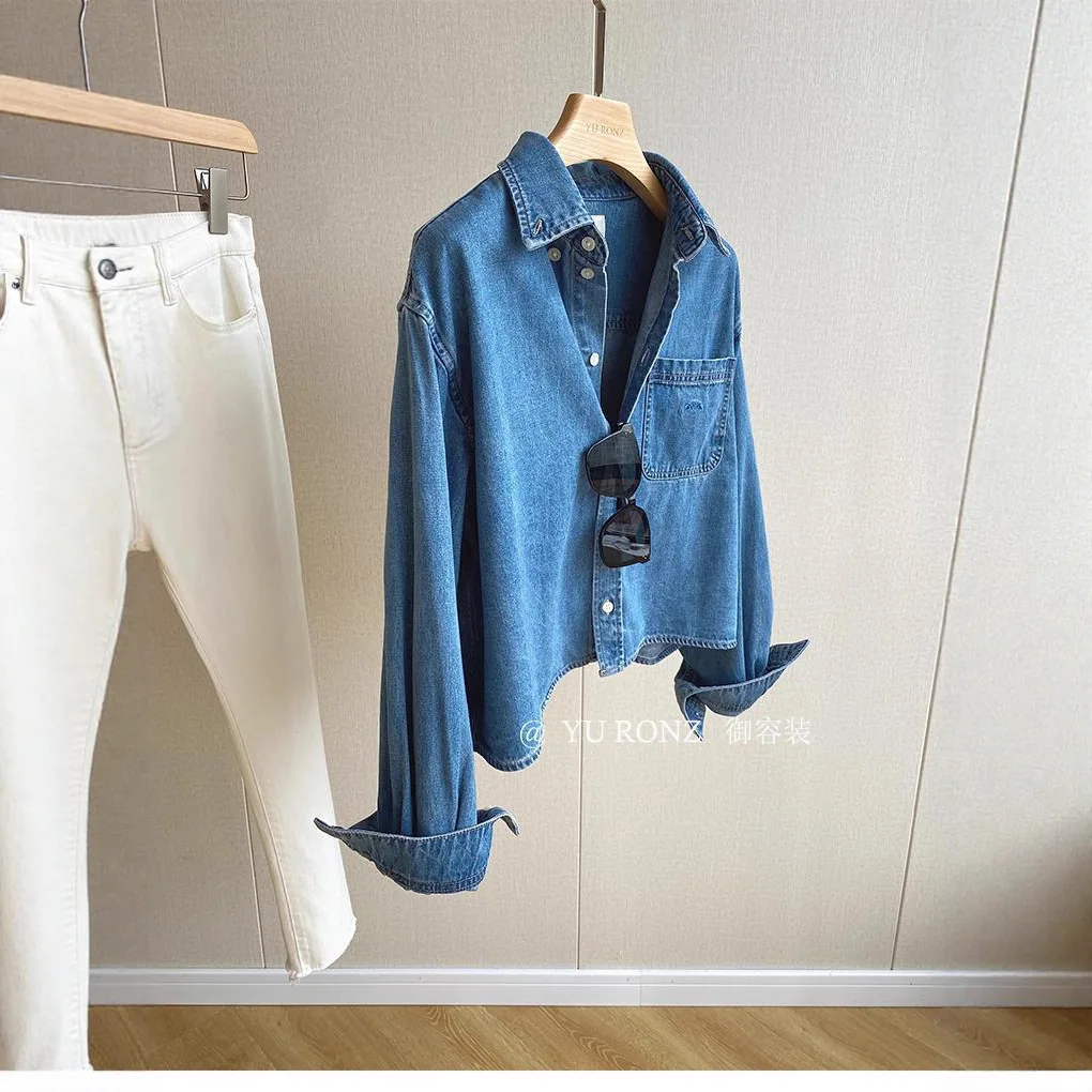 Women Cropped Denim Shirt Long Sleeve Lapel Pocket Loose Casual Vintage Jean Blouse Streetwear Tops