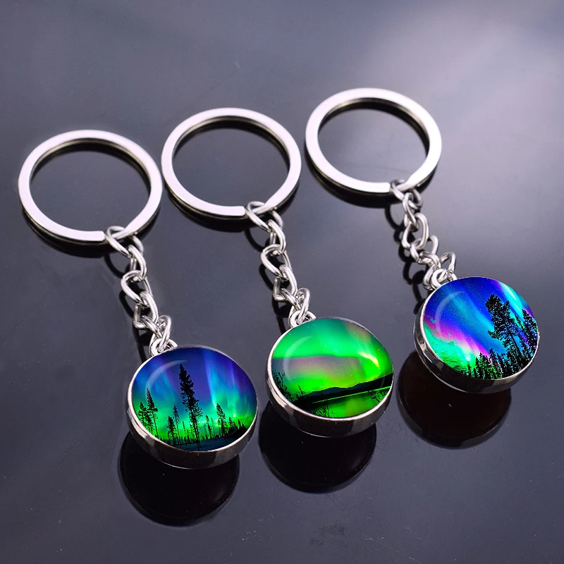 Northern Lights Planet Keyring Galaxy Nebula Space Keychain Double Side Glass Ball Key Chain Astronomy Lovers Gift