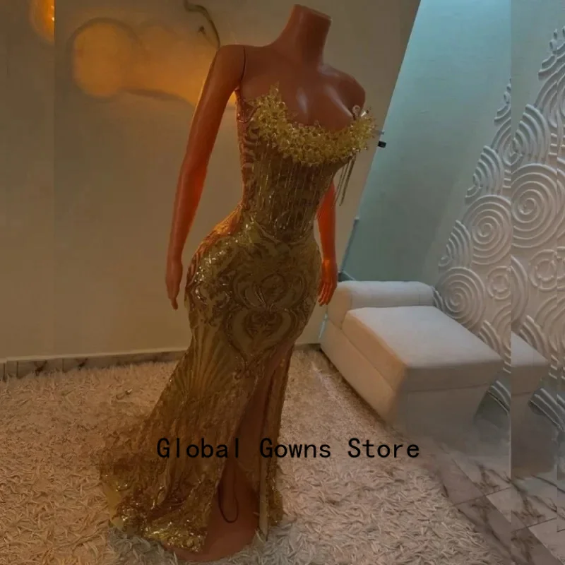 

Золотистое блестящее вечернее платье с высоким разрезом в южноафриканском стиле, длинное, фасона «русалка», роскошное, без бретелек, с кристаллами, на заказ