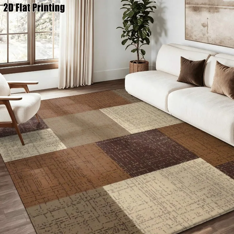 Modern Patchwork Square Printed Carpet Neutral Brown Beige Large Area Floor Rug for Home Decoration Thanksgiving Christmas