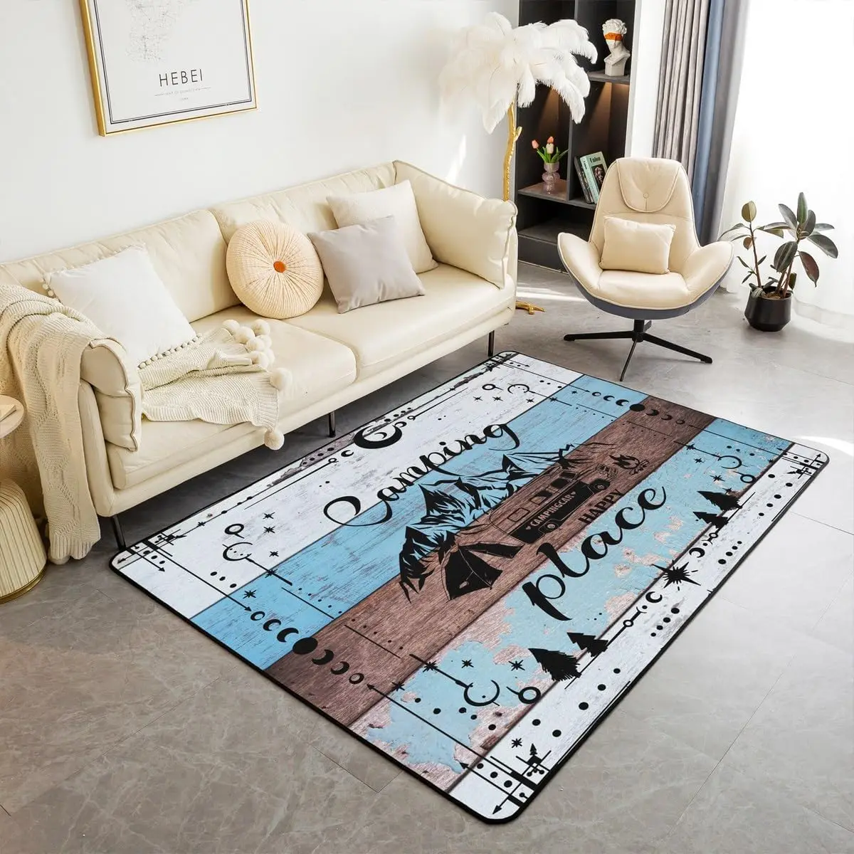 Camper Indoor Floor Mat,Happy Camping Carpet,Watercolour Vintage Wooden Area Rug,Farmhouse Rustic Decorative Accent Rug