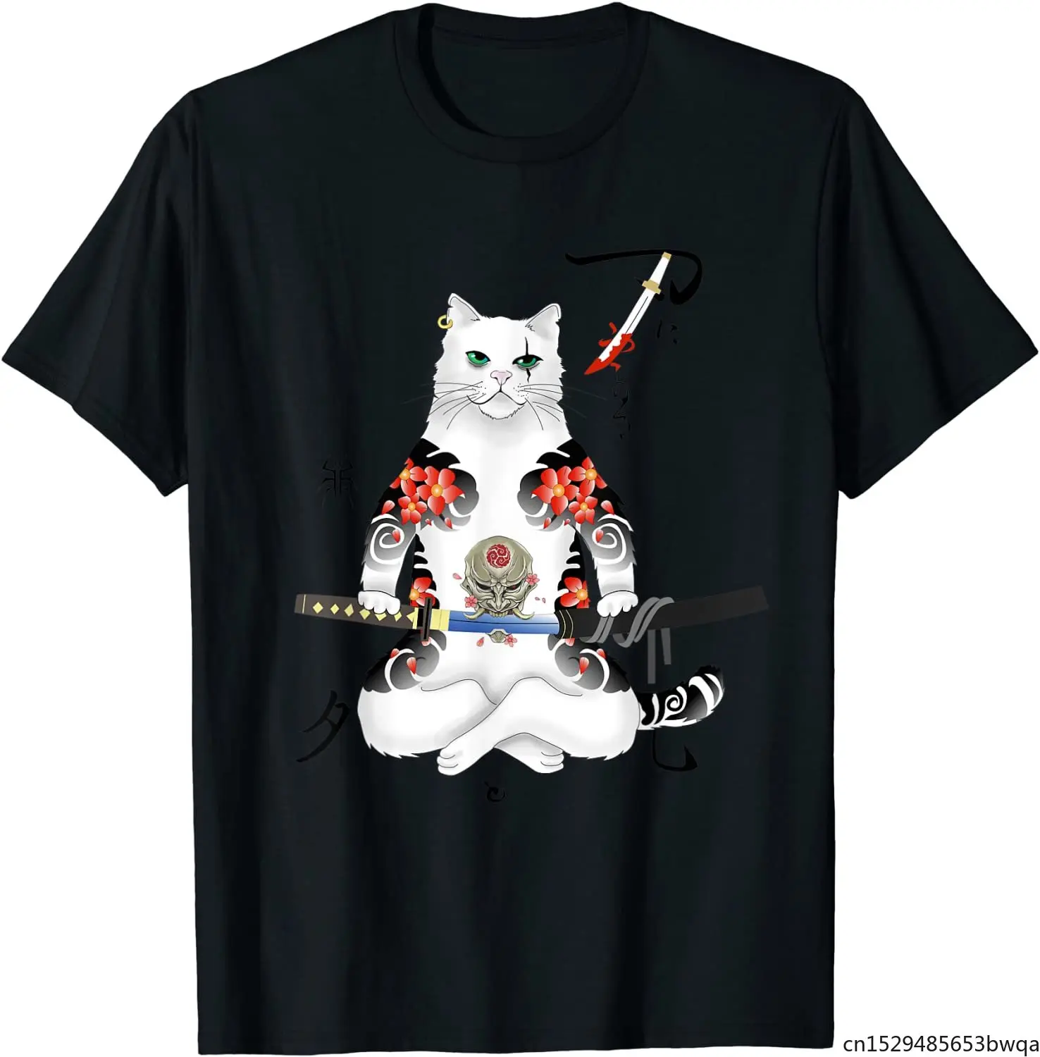 

Japanese Samurai Cat Katana Ninja Yakuza Tattoo T-Shirt Four Seasons Casual Cotton Casual Harajuku Vintage T Shirt