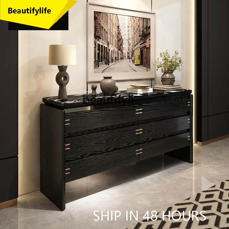 

French Retro Style Solid Wood Entryway Cabinet Living Room Marble Storage Master Bedroom Bedside Multi-Drawer Cabinet