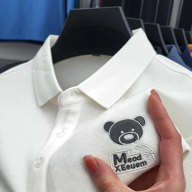 Men's Autumn Long-sleeved 100% cotton Luxurious polo shirt Collar Embroidery Little bear T-shirt Casual Fashionable Men's wear