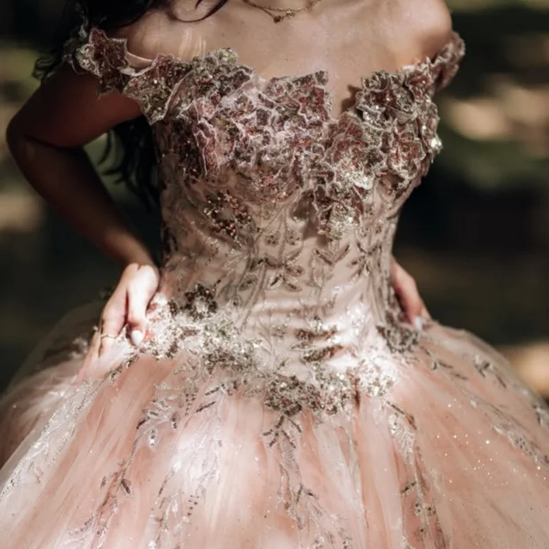 

Light Pink Quinceanera Dress off-shoulder Crystal Decal Flower Long tail vestidos de 15 Quinceanera ﻿Customize