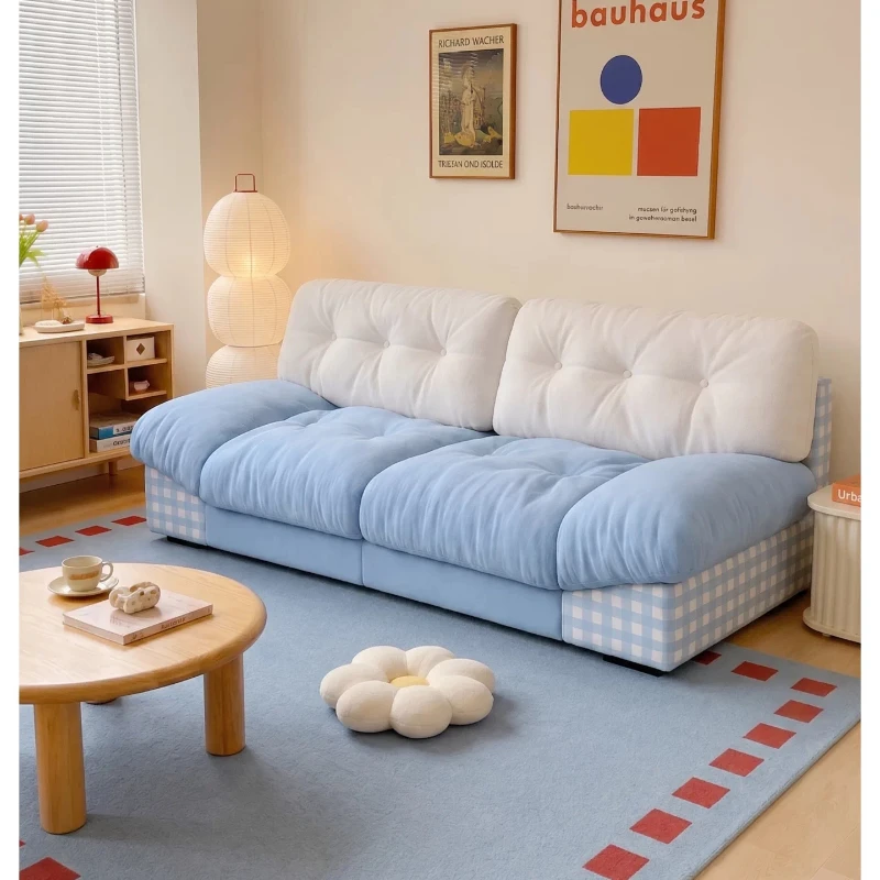 Dopamine double cloud sofa blue and white grid splicing sofa three-person home living room fabric sofa